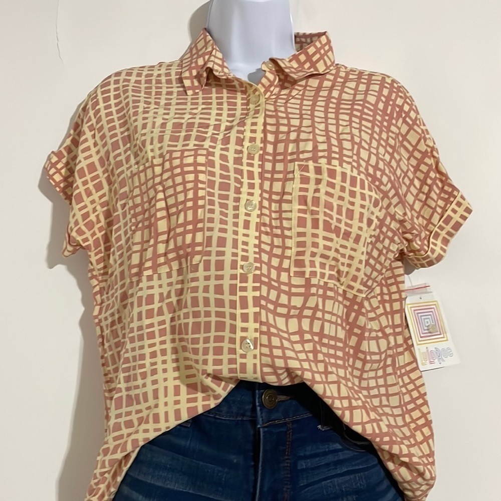 LuLaRoe Beige and Tan Grid Print Button-Up Blouse